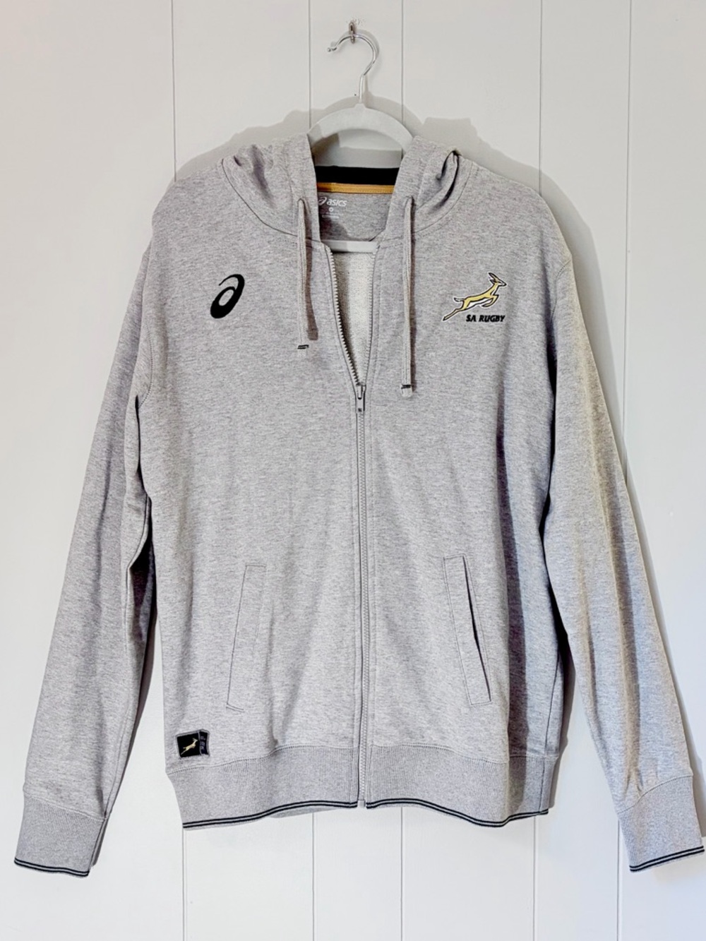 Asics SA Rugby Light Gray Zip Hoodie Embroidered Logos South Africa Springboks M